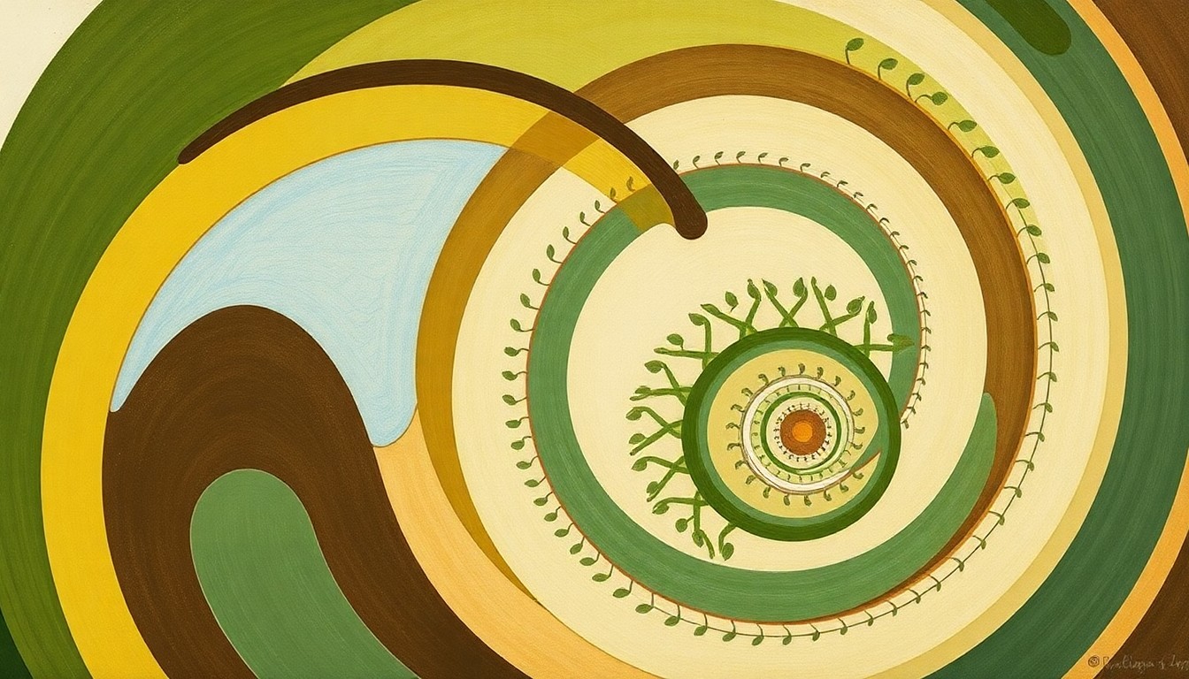 A highly structured abstract painting in muted earth tones, featuring sweeping geometric arcs, concentric circles, and precise botanical spirals, visually representing the complex interplay of cover crops, soil nutrients, and water flow in a sustainable agricultural system.