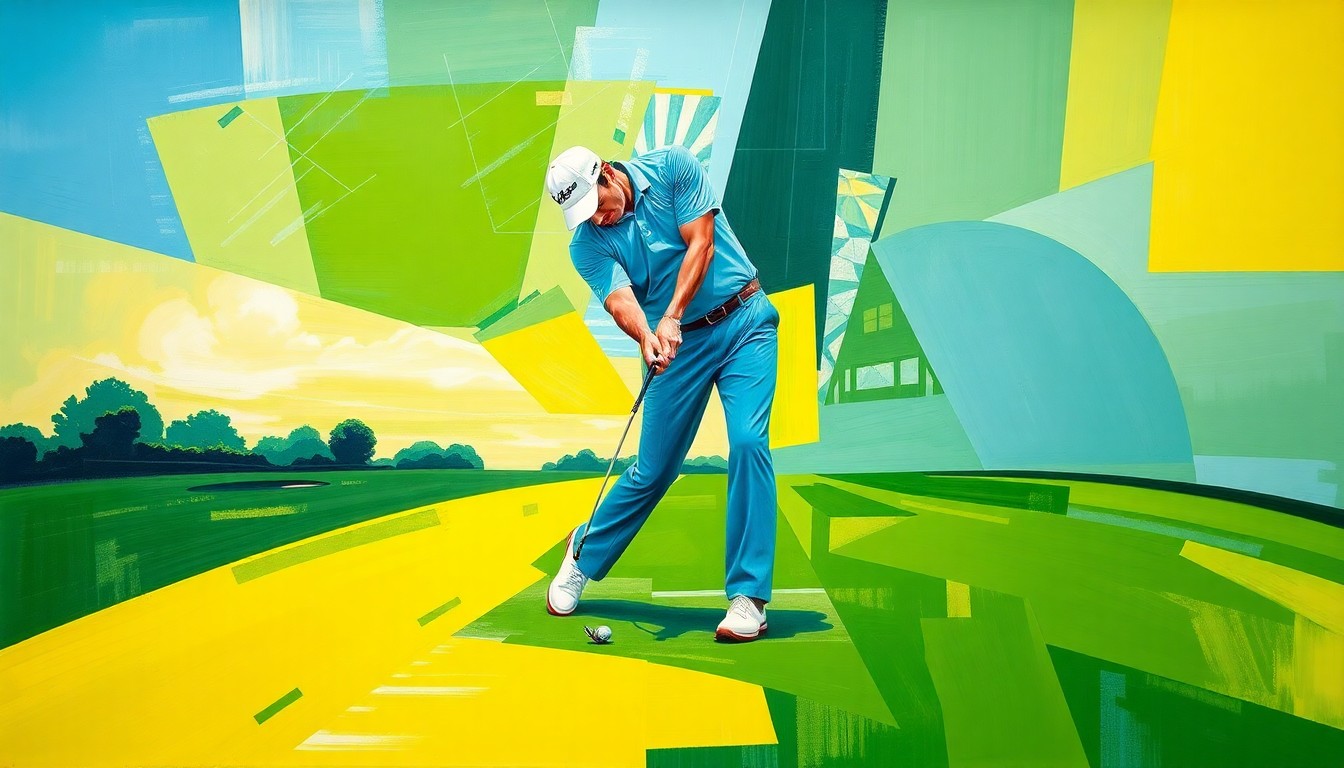 A cubist, multi-perspective painting depicting the dynamic motion and competitive action of a golf tournament, with sharp, overlapping geometric shapes in vibrant greens, blues, and yellows.