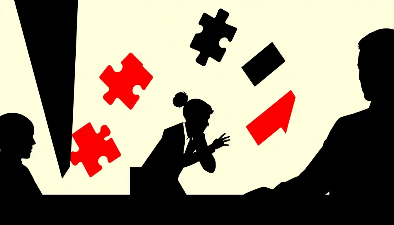 An abstract, minimalist illustration featuring bold, jagged geometric shapes in high-contrast red and white, conceptually representing the challenge and excitement of solving LinkedIn Games puzzles.