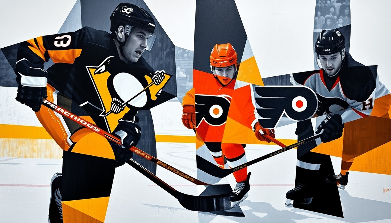 A fractured, multi-perspective painting depicting a hockey game between the Pittsburgh Penguins and Philadelphia Flyers, with the players' bodies and the puck deconstructed into abstract shapes and planes of color in the style of Pablo Picasso.