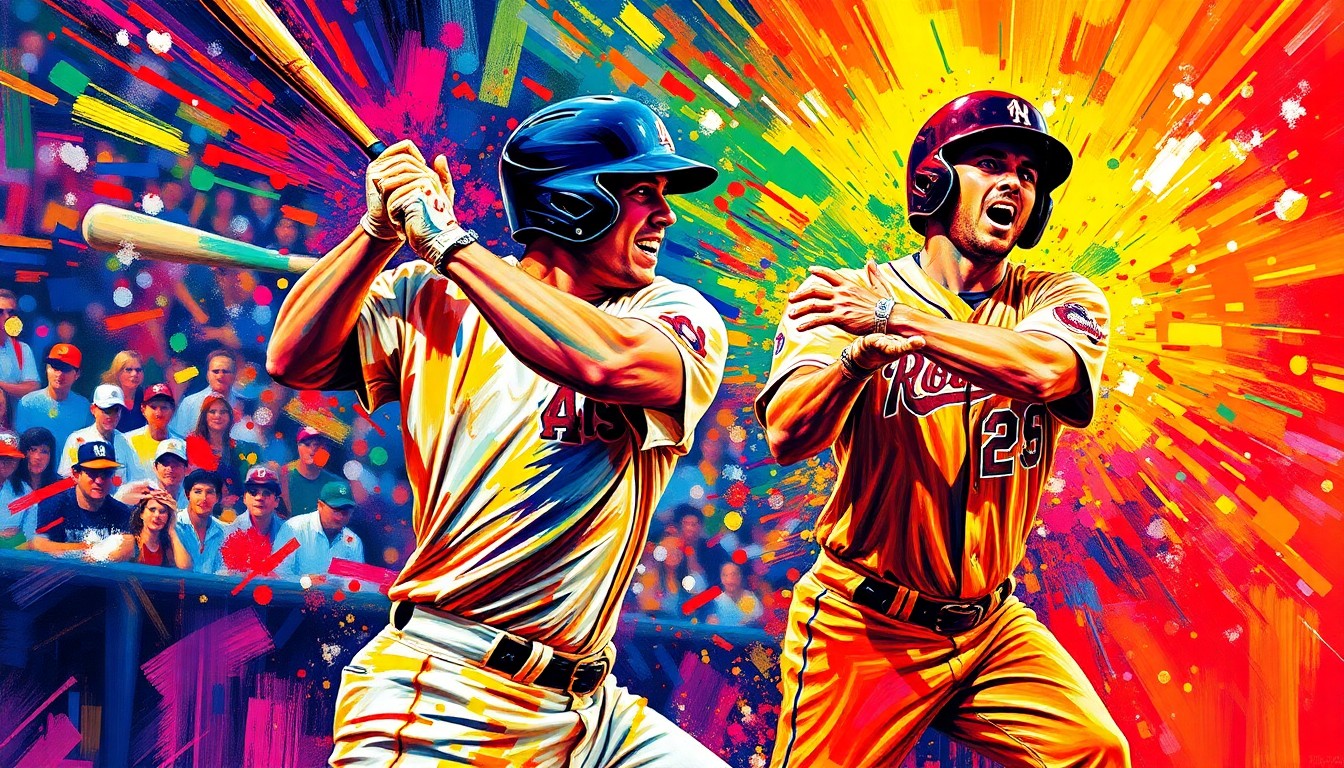 An abstract, expressionist painting in vibrant neon colors depicting the dynamic motion and energy of a baseball player making a game-winning hit, with the player's face and uniform blurred into unrecognizable brushstrokes.