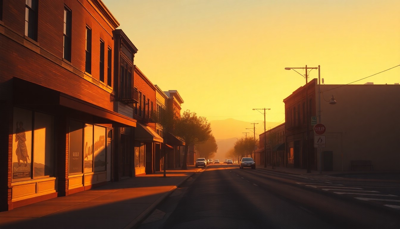 A serene, cinematic painting of an empty downtown street in Chico, California, with warm sunlight casting long shadows across the pavement, capturing a sense of quiet contemplation over the city's urban planning decisions.