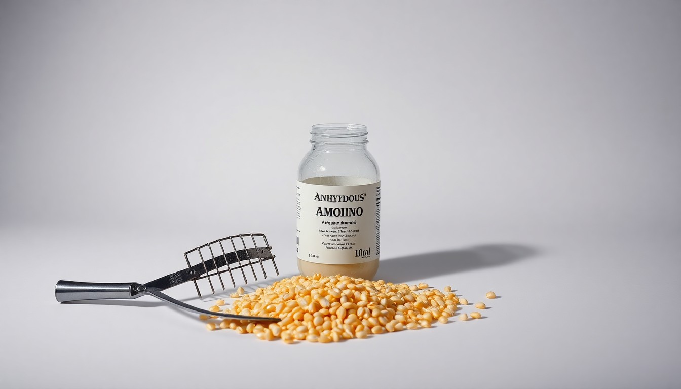 A close-up studio photograph of a polished metal strip-till rig tool, a glass jar of anhydrous ammonia, and a handful of corn kernels arranged elegantly on a clean, monochromatic background, symbolizing the careful strategies required for successful continuous corn strip-till.