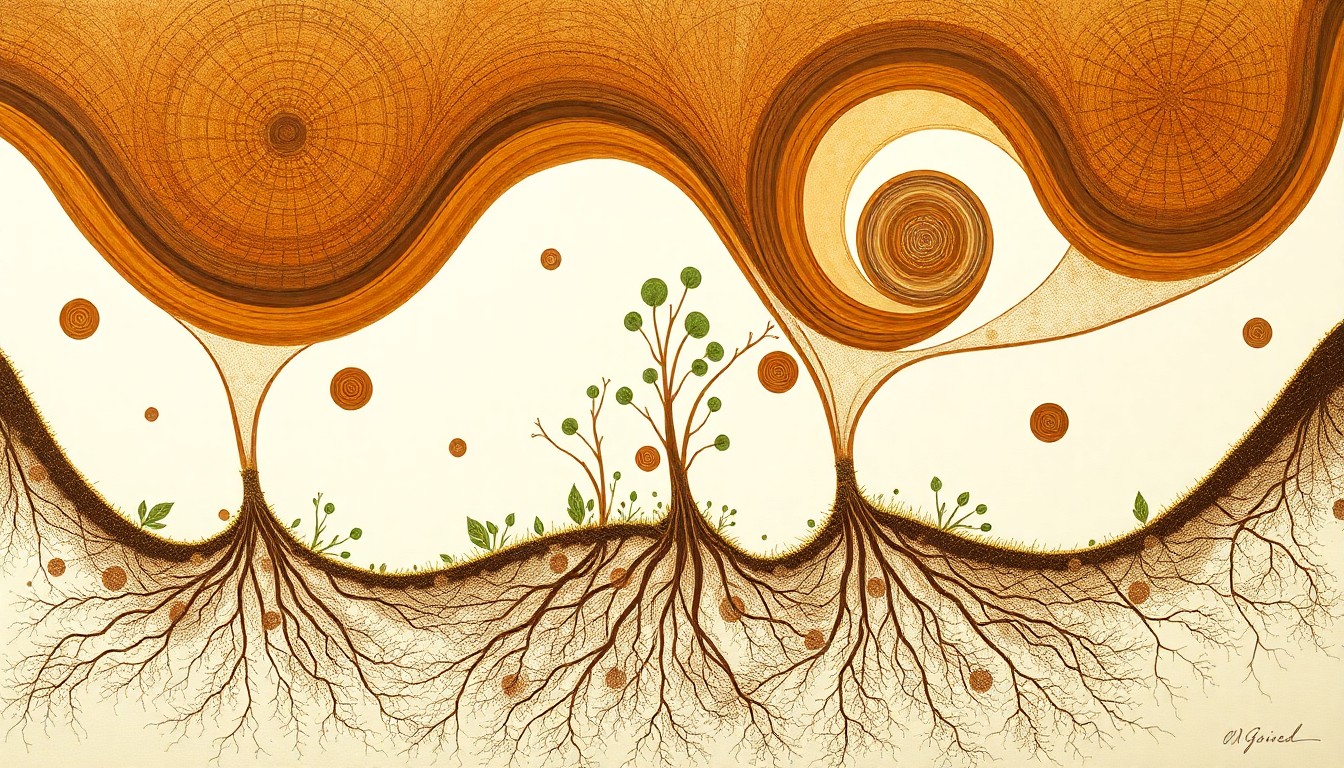 A bold, abstract painting in earthy tones depicting the intricate underground network of tillage radish roots interacting with soil particles and nutrients, conveying the structural order and natural processes at work beneath the surface.