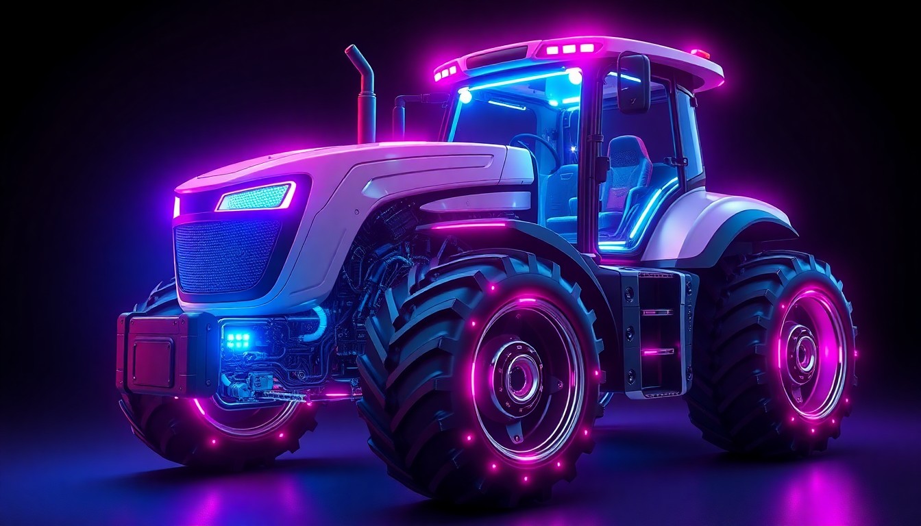 A highly detailed, glowing 3D illustration of a futuristic autonomous farm tractor with intricate cybernetic components and neon blue and magenta lights, conceptually representing the integration of advanced technology in agricultural machinery.
