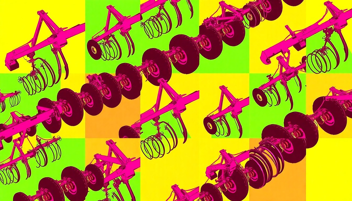 A high-contrast silkscreen print in neon greens, blues, and oranges depicting a no-till farming tool repeated in a grid pattern, conceptually representing the widespread impact of sustainable agriculture innovations.