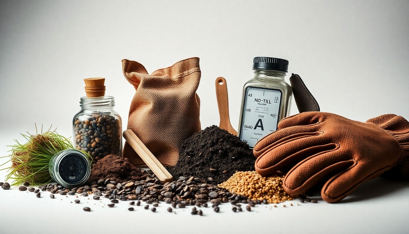 A high-end studio still life photograph featuring an elegant arrangement of no-till farming tools and materials, conceptually representing the evolving carbon economy for sustainable agriculture.