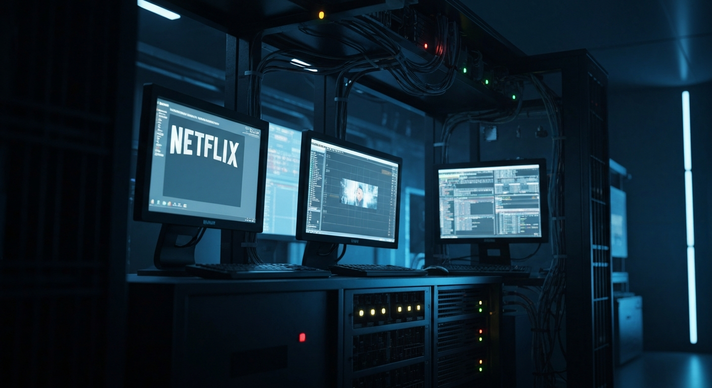 An extreme close-up of a tangle of metallic gears, circuits, and cables, conceptually representing the complex financial systems and infrastructure supporting Netflix's growth as a major technology and media company.