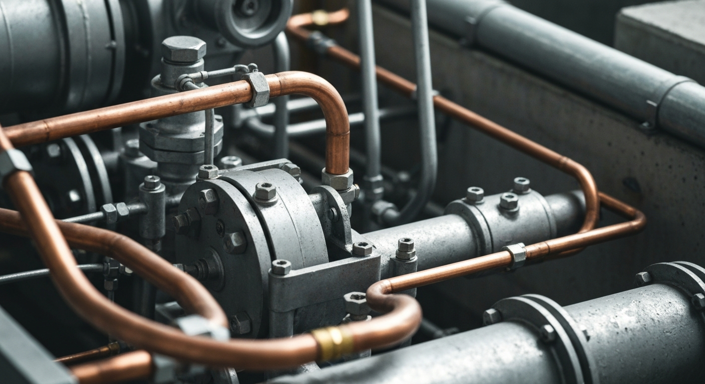 An extreme close-up photograph of heavy, industrial machinery and piping in muted tones of steel, copper, and concrete, representing the technical expertise and precision of LGN's engineering services.