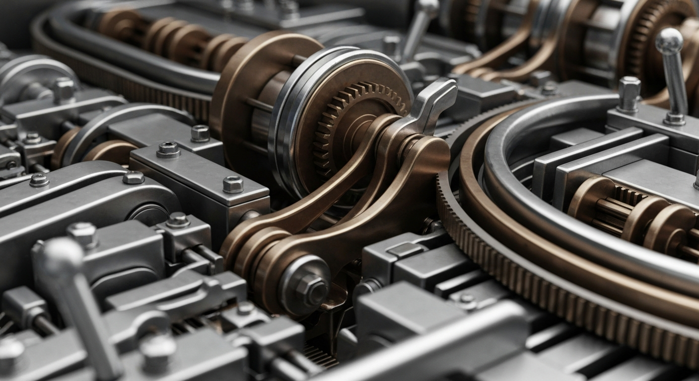 An extreme close-up of heavy, industrial banking equipment and machinery in shades of steel gray, bronze, and chrome, conceptually representing the complex financial infrastructure that underpins the modern economy.