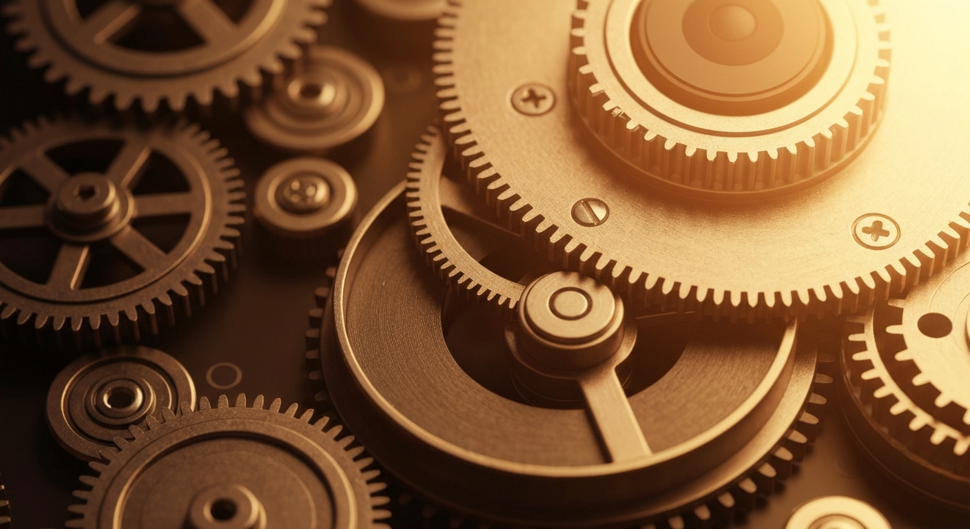 An extreme close-up of a complex array of metal gears, levers, and mechanical components, conceptually representing the institutional financial infrastructure supporting Airbnb's vacation rental platform.