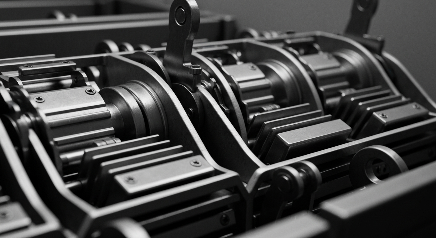 A high-contrast, cinematic close-up of intricate, precision-engineered banking machinery and mechanisms, conveying a sense of the power, security, and stability of financial institutions without using any literal currency or charts.