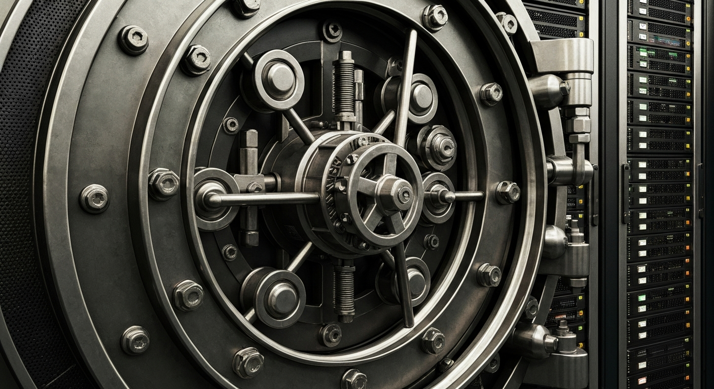 A highly detailed, cinematic close-up of heavy, industrial-looking banking machinery and equipment, representing the complex infrastructure that underpins the financial sector.