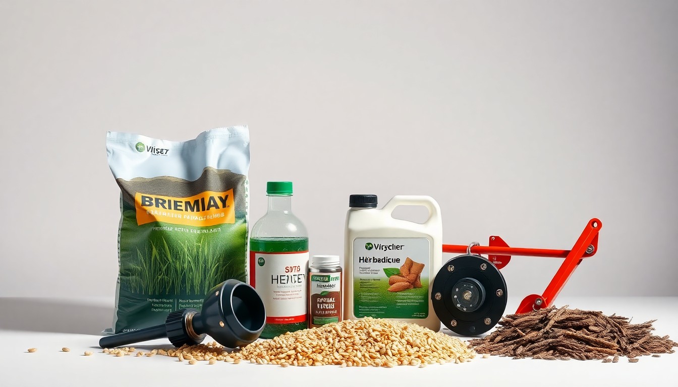 A high-end, photorealistic studio still-life photograph featuring a carefully arranged composition of premium agricultural products and tools, such as a bag of seeds, a bottle of herbicide, and a no-till planter part, all set against a clean, monochromatic background and lit dramatically to convey a sense of corporate strategy and the complex relationships between farmers and their suppliers.
