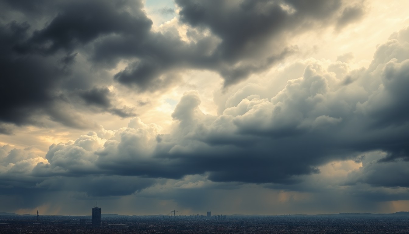A dramatic landscape painting depicting a stormy sky over a cityscape, with dark, ominous clouds filling the frame and only the faint silhouettes of buildings visible in the distance, conveying the overwhelming power of the approaching severe weather.