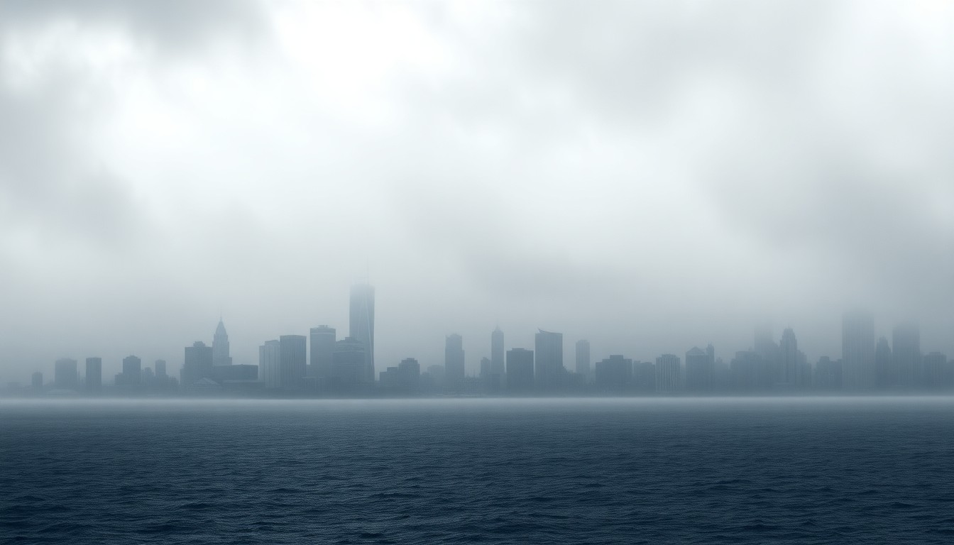 A vast, majestic landscape painting in muted tones of gray, blue, and green, depicting the skyline of Milwaukee partially obscured by swirling mist and light rain, with the shoreline of Lake Michigan in the foreground, conveying the overwhelming, sublime scale of the natural world.