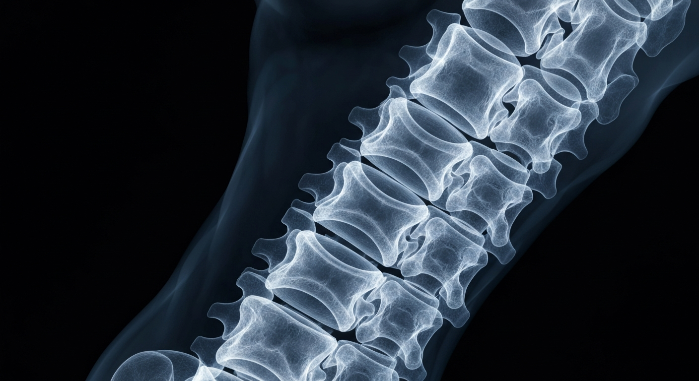 An extreme close-up X-ray image revealing the delicate structure of the human spine, with the vertebrae, discs, and nerves visible as glowing, ghostly lines against a dark background, conceptually representing the non-surgical treatment of spinal and nerve conditions.