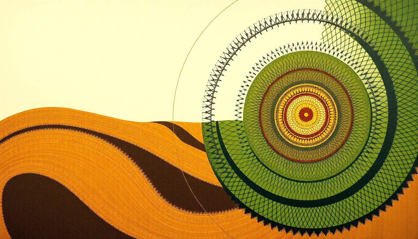 A bold, abstract painting in earthy tones of green, brown, and ochre, featuring sweeping geometric arcs, concentric circles, and precise botanical spirals. The composition resembles a complex scientific diagram, visually representing the interconnected elements of sustainable cover crop management and no-till farming practices.