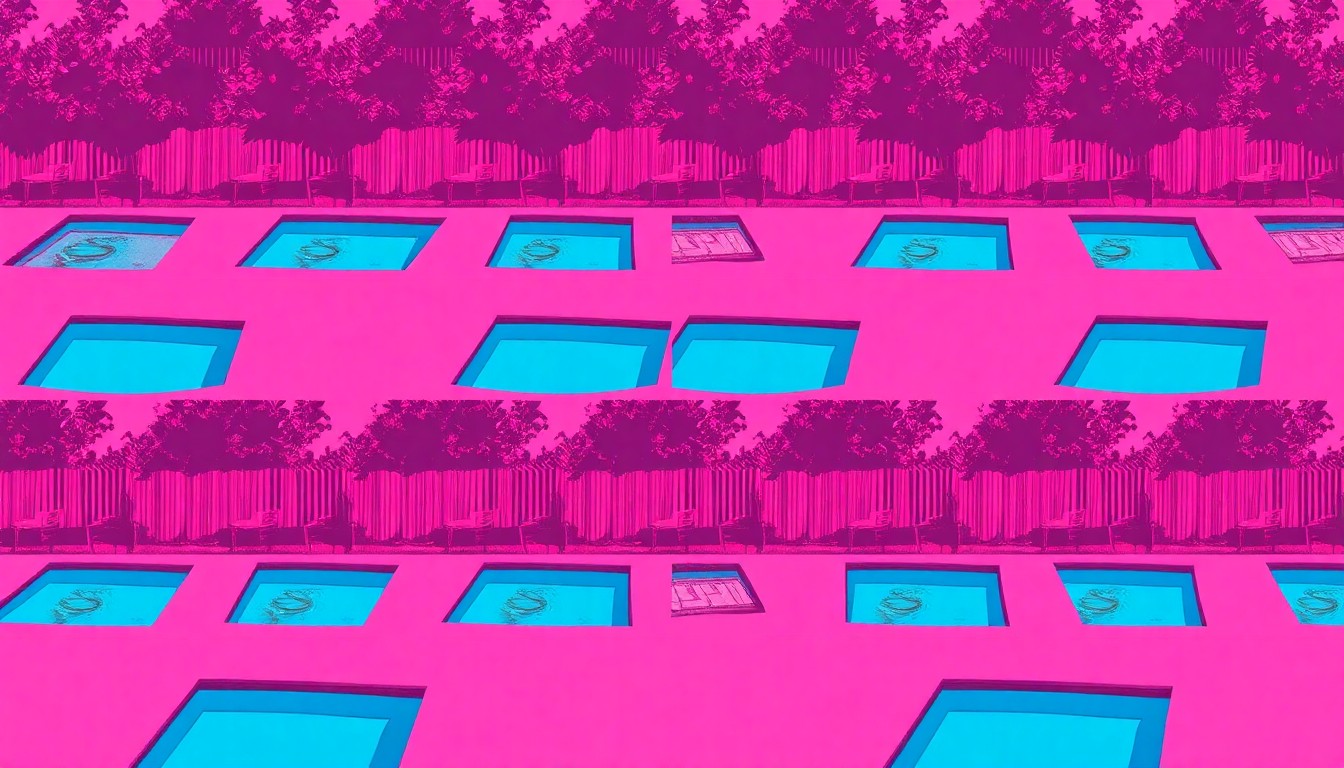 A brightly colored, high-contrast silkscreen print of a swimming pool repeated in a grid pattern, capturing the vibrant, pop art style of the home's backyard oasis.