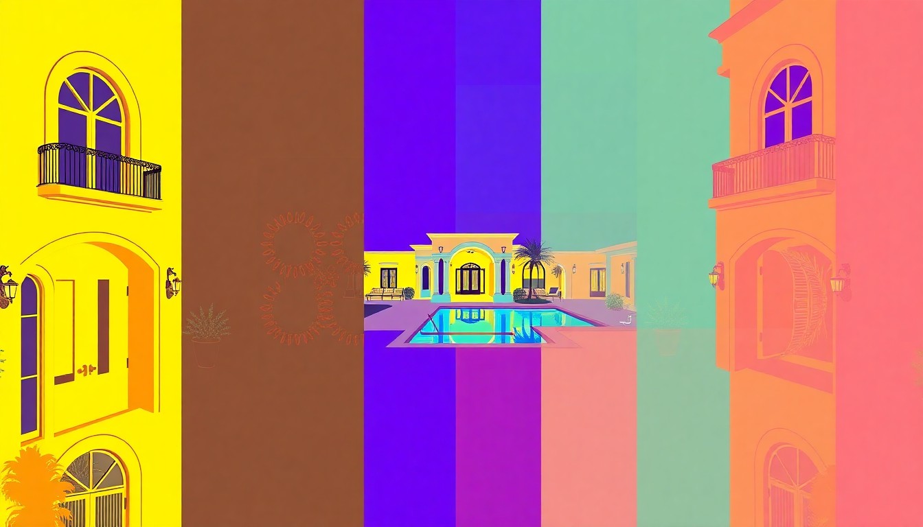 A high-contrast, silkscreen-style grid of a luxury home's exterior features, rendered in a bold, neon color palette that transforms the everyday into modern pop art.