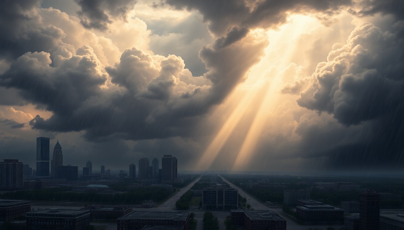A dramatic, atmospheric landscape painting depicting a stormy, rain-swept scene over the city of Indianapolis. The composition uses deep perspective and dramatic lighting to capture the overwhelming scale of the weather event, with the city's skyline and infrastructure obscured by sweeping, turbulent clouds and heavy rainfall.