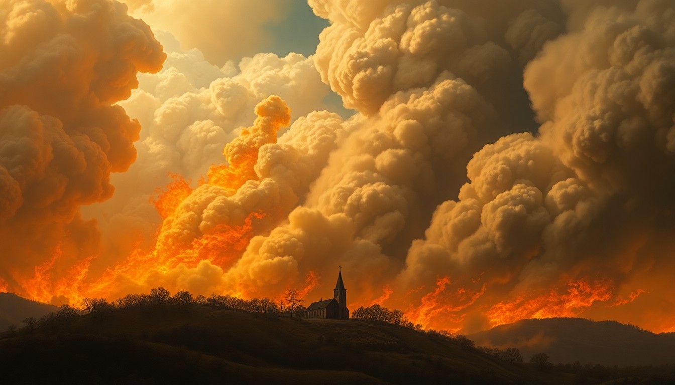 A dramatic landscape painting in the style of Caspar David Friedrich, with a distant church steeple consumed by a massive, billowing wildfire that dominates the scene, conveying the overwhelming power of the natural disaster.