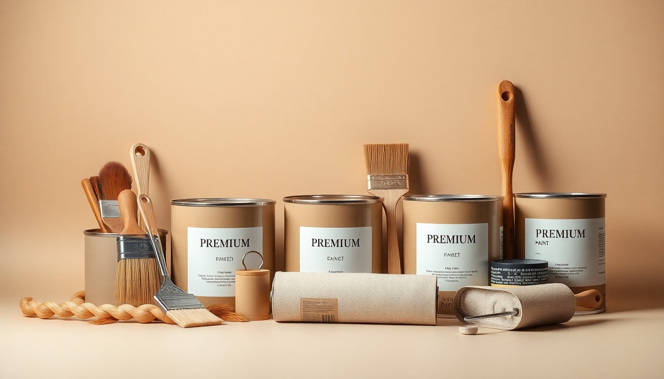 A high-end, photorealistic studio still-life photograph featuring a collection of premium painting tools and materials, including a variety of paint brushes, rollers, and cans of high-end paint in muted earth tones, arranged elegantly on a clean, monochromatic background to represent the precision and attention to detail required for a flawless paint job.
