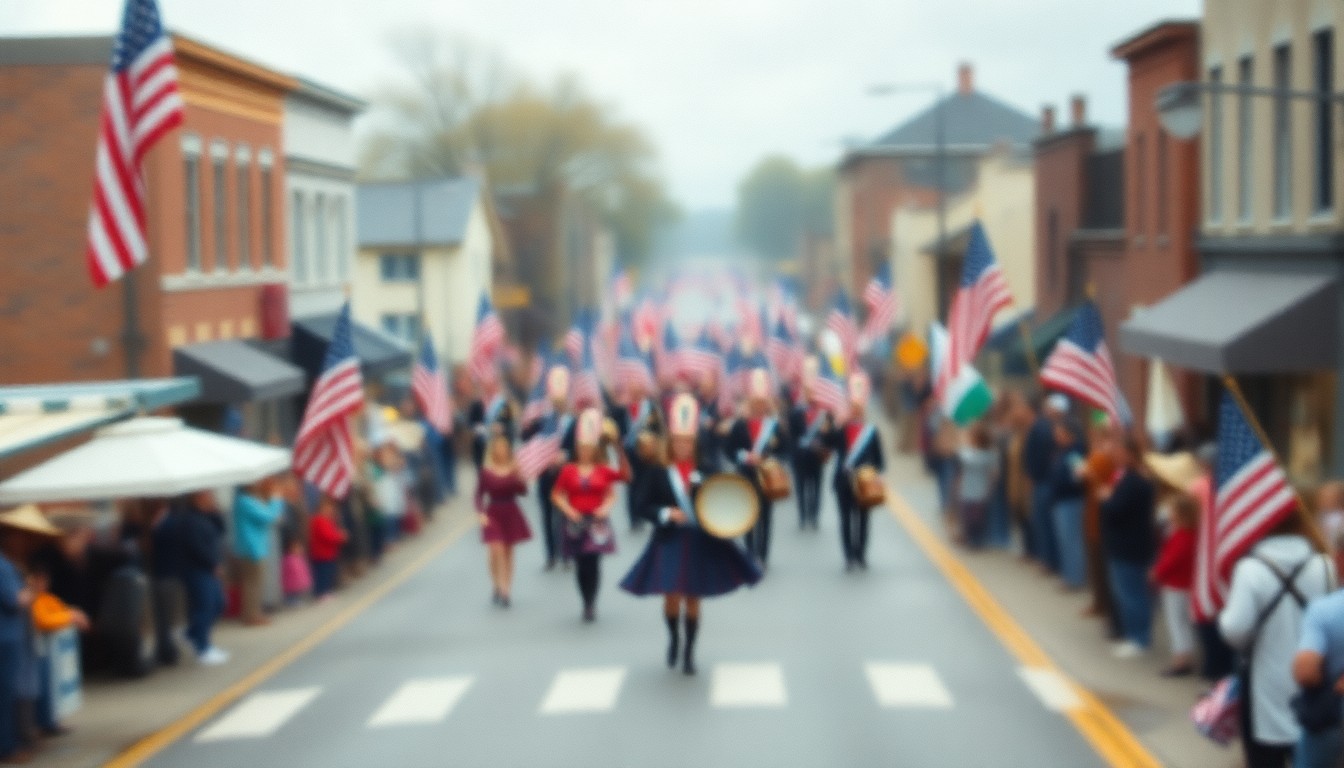 An abstract, out-of-focus scene of a small-town parade with blurred figures, American flags, and a sense of motion and energy, conveying the celebratory spirit of a Memorial Day observance.