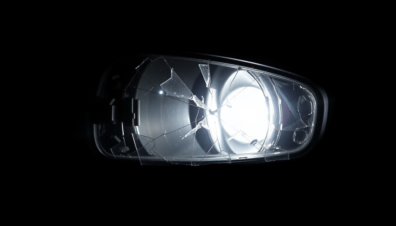 An extreme close-up photograph of a shattered car side mirror or headlight lens, reflecting a faint glow from the harsh direct flash, conceptually representing the aftermath of a fatal pedestrian accident.