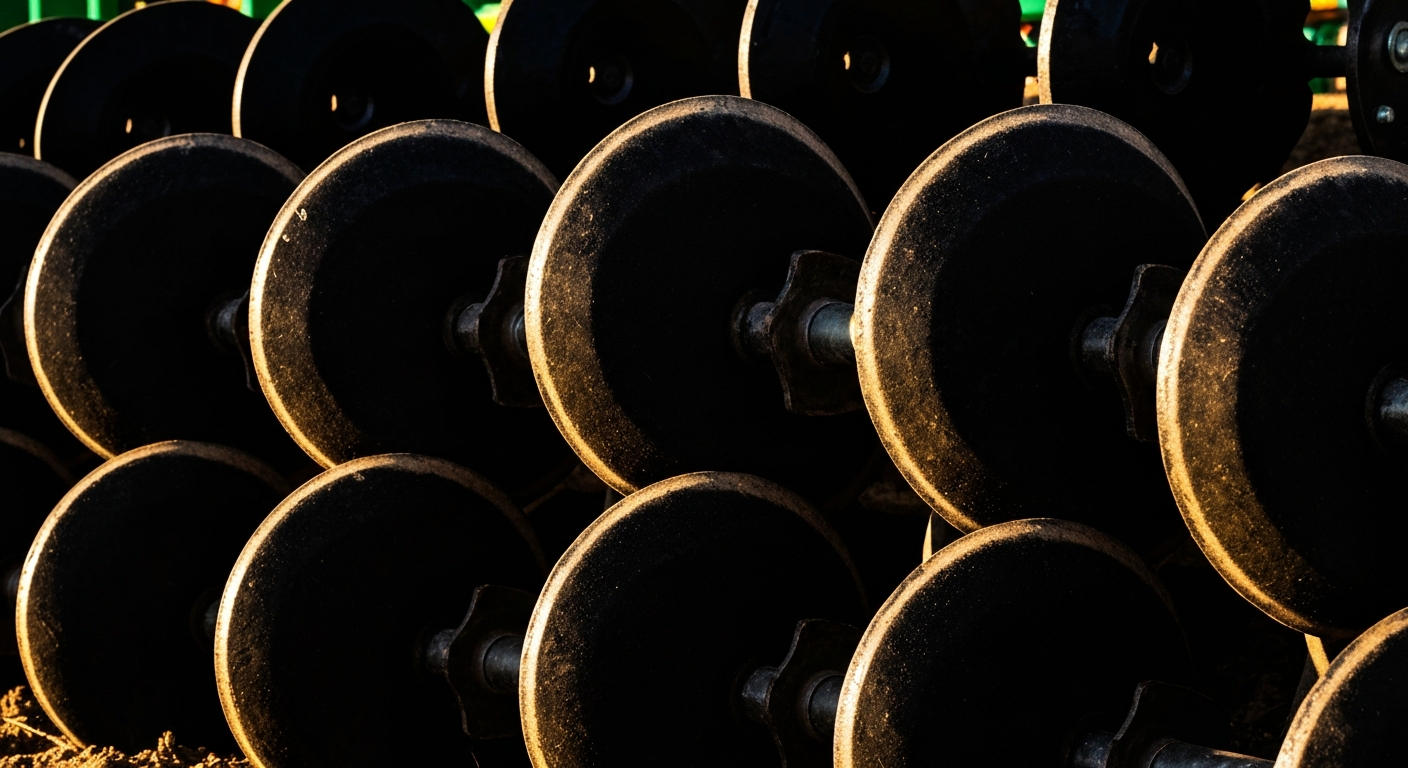 An extreme close-up of the pebbled, metallic surface of a no-till planter's fertilizer opener, dramatically lit to reveal the intricate textures and materials of this specialized agricultural equipment.