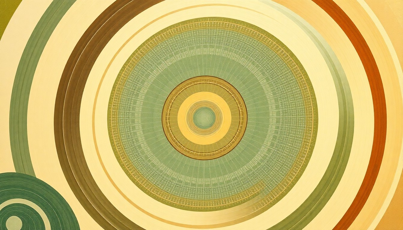 A bold, abstract painting in muted earth tones featuring sweeping geometric arcs, concentric circular patterns, and precise botanical spirals, conceptually representing the structural order and natural forces at play in no-till weed management and crop production.