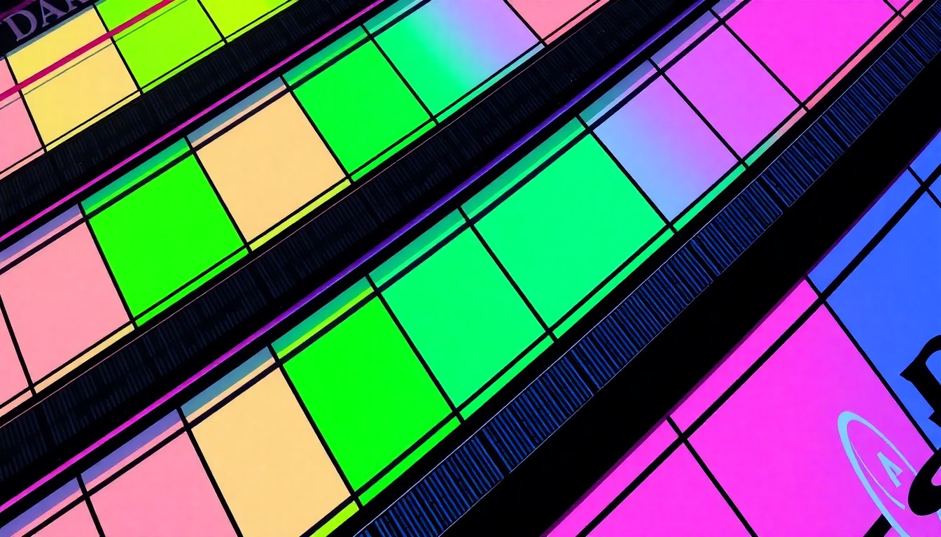 A bold, colorful silkscreen illustration featuring a repeating pattern of a shopping mall facade in vibrant neon hues, conceptually representing the revitalization of the Heartland Mall in Early, Texas.