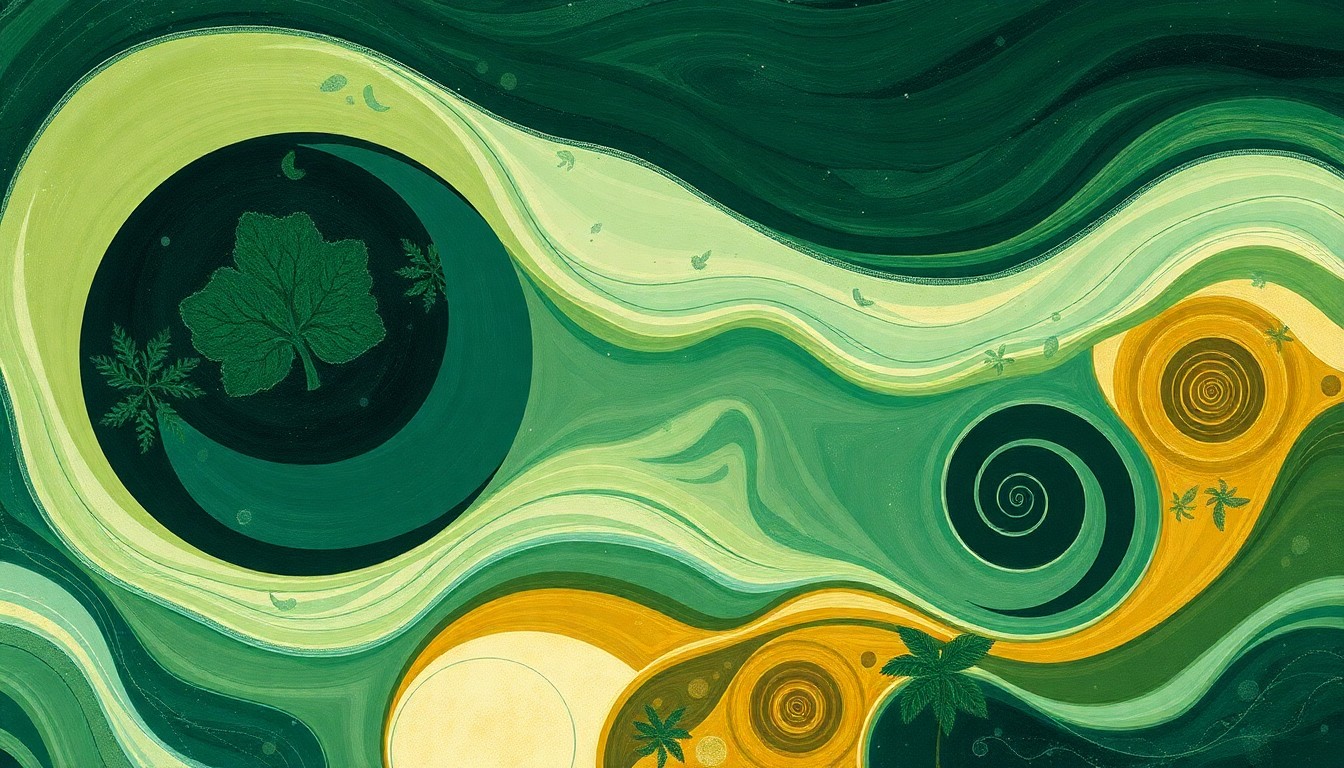 A highly textured, abstract painting in earthy tones of green, blue, and brown, featuring sweeping geometric arcs, concentric circles, and precise botanical spirals, conceptually representing the complex forces and cycles of a freshwater ecosystem disrupted by nutrient pollution.