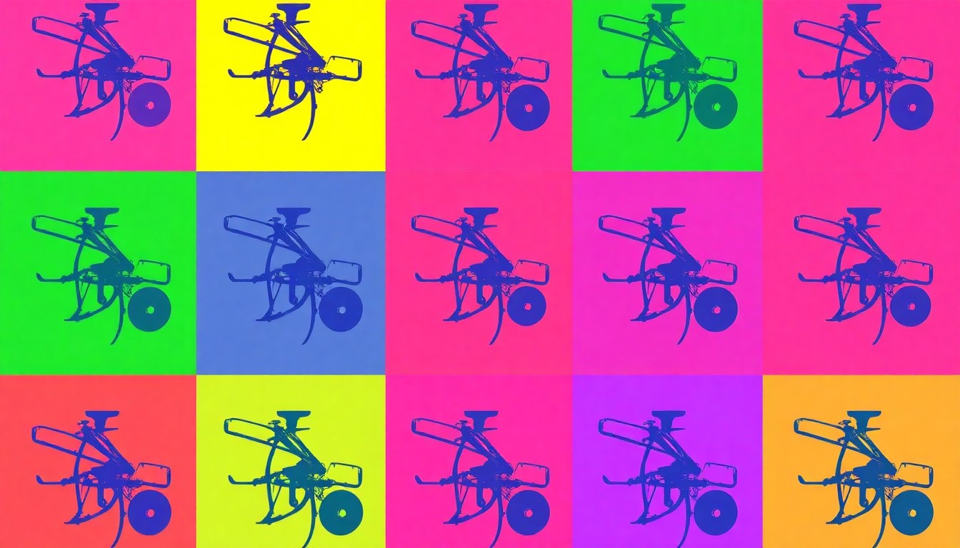 A brightly colored, high-contrast silkscreen print of a no-till farming tool repeated in a tight grid pattern, capturing the innovative spirit of the no-till farming community.