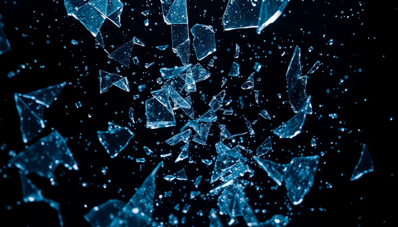 An abstract close-up image of shattered glass and glittering shards, captured in dramatic, high-contrast studio lighting to evoke the high-stakes, glamorous world of a medical drama.