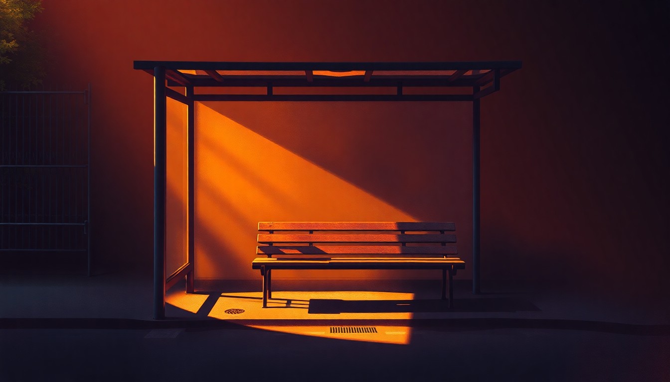 A solitary bus stop bench sits empty under a warm, golden light, conveying a sense of melancholy and neglect through the cinematic, nostalgic painting style.