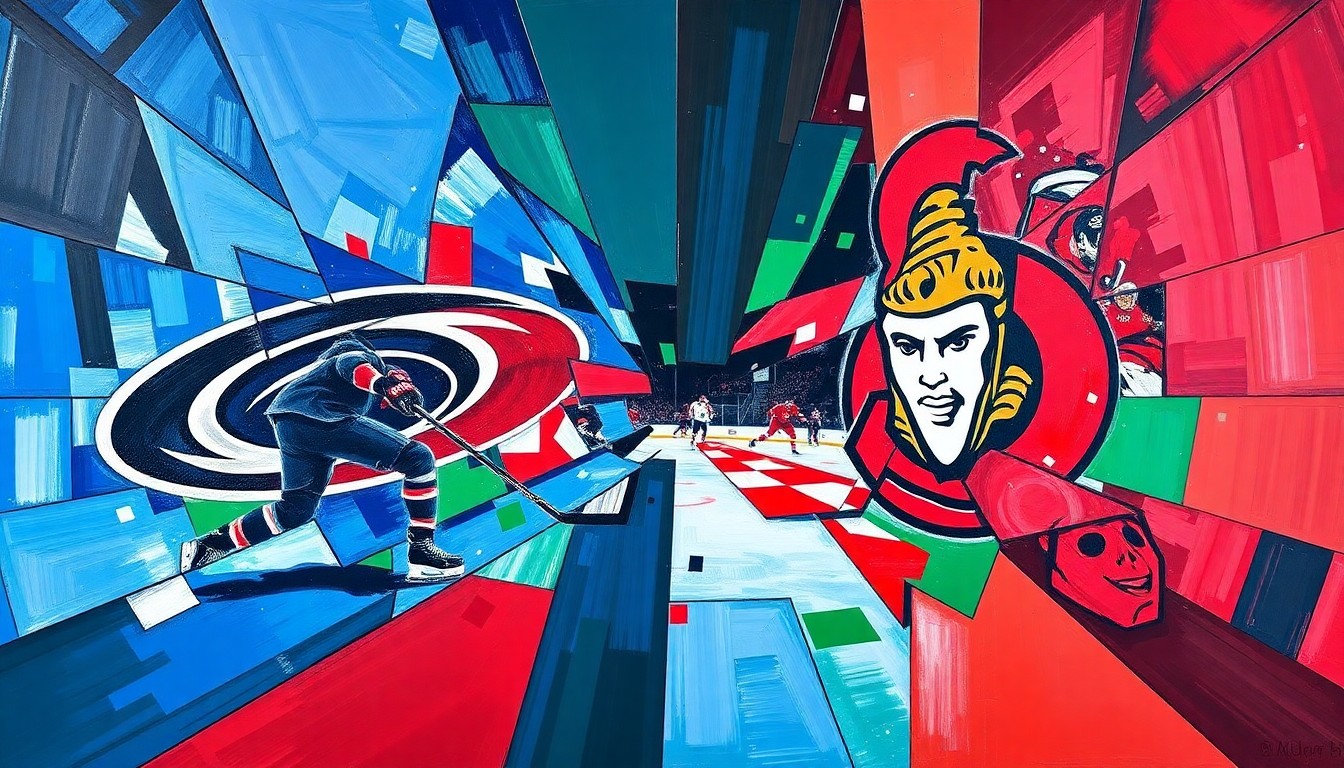 A cubist, geometric painting in vibrant blues, reds, and greens, depicting the overlapping action and energy of a hockey game between the Carolina Hurricanes and Ottawa Senators.