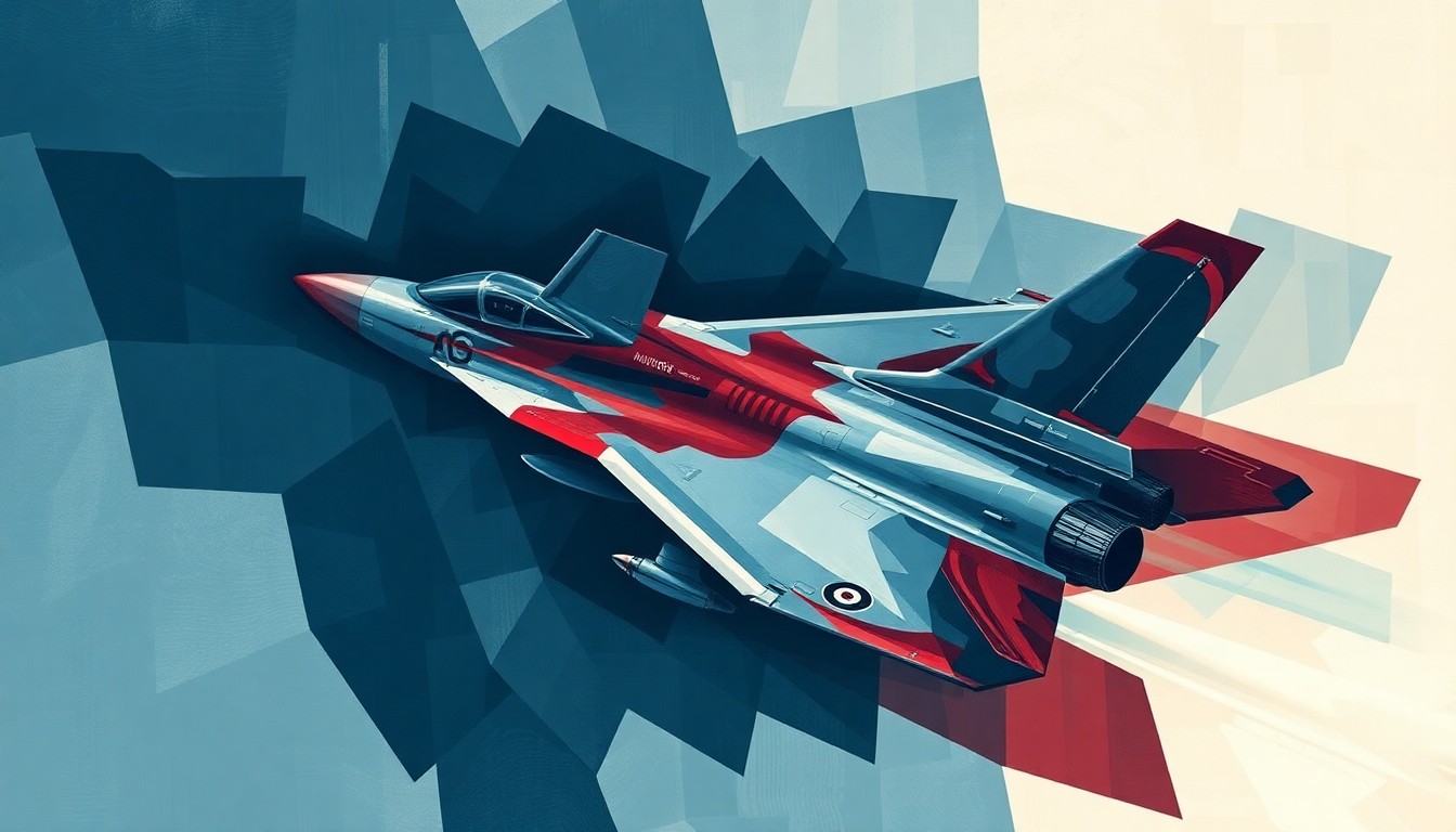 A dynamic, fragmented painting of a fighter jet in flight, with overlapping geometric shapes and waves of deep blue, grey, and red colors, conveying a sense of speed and urgency.