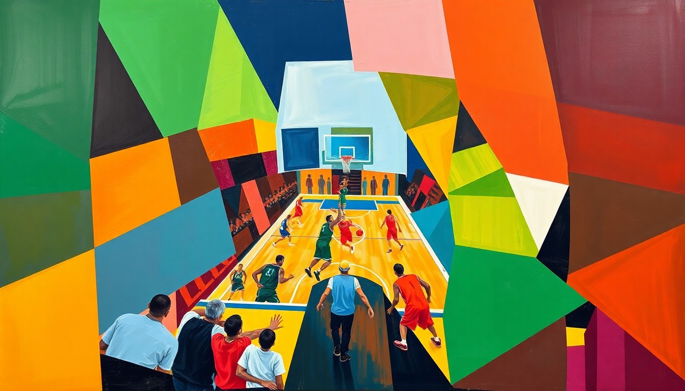 A cubist-style painting featuring overlapping geometric shapes and planes in the Warriors' blue and gold colors, as well as the Suns' purple and orange, conceptually representing the intensity and drama of their elimination game.