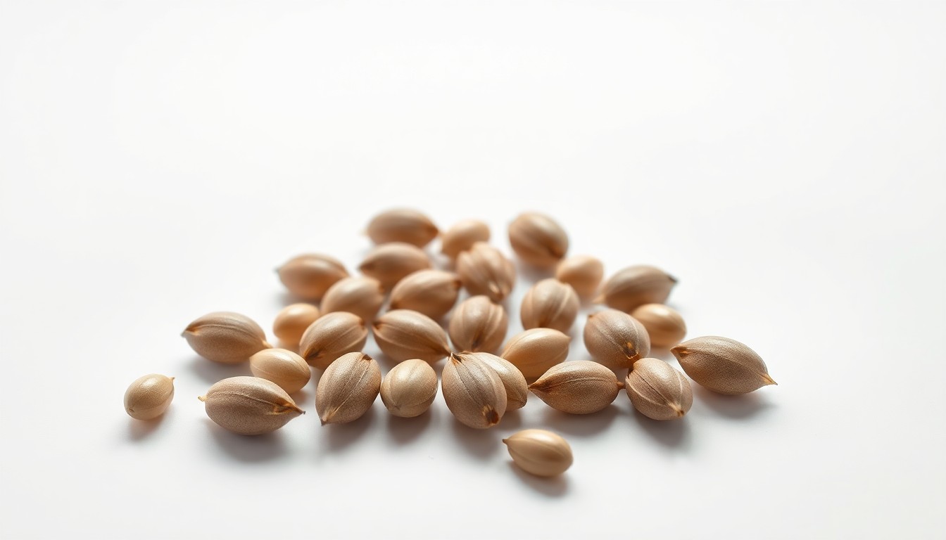 A high-end studio still life photograph featuring a group of glossy, reflective polymer-coated seeds arranged in an elegant composition on a clean white background, symbolizing the innovative technology that can boost no-till farming productivity.