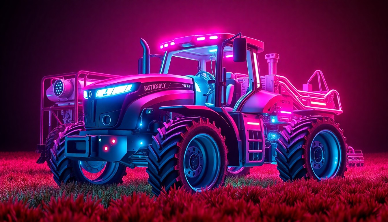 A highly detailed, glowing 3D illustration of an autonomous tractor and farm equipment, with neon cyan and magenta lights illuminating the complex machinery and digital control systems, conceptually representing the advanced technology powering the future of autonomous farming.