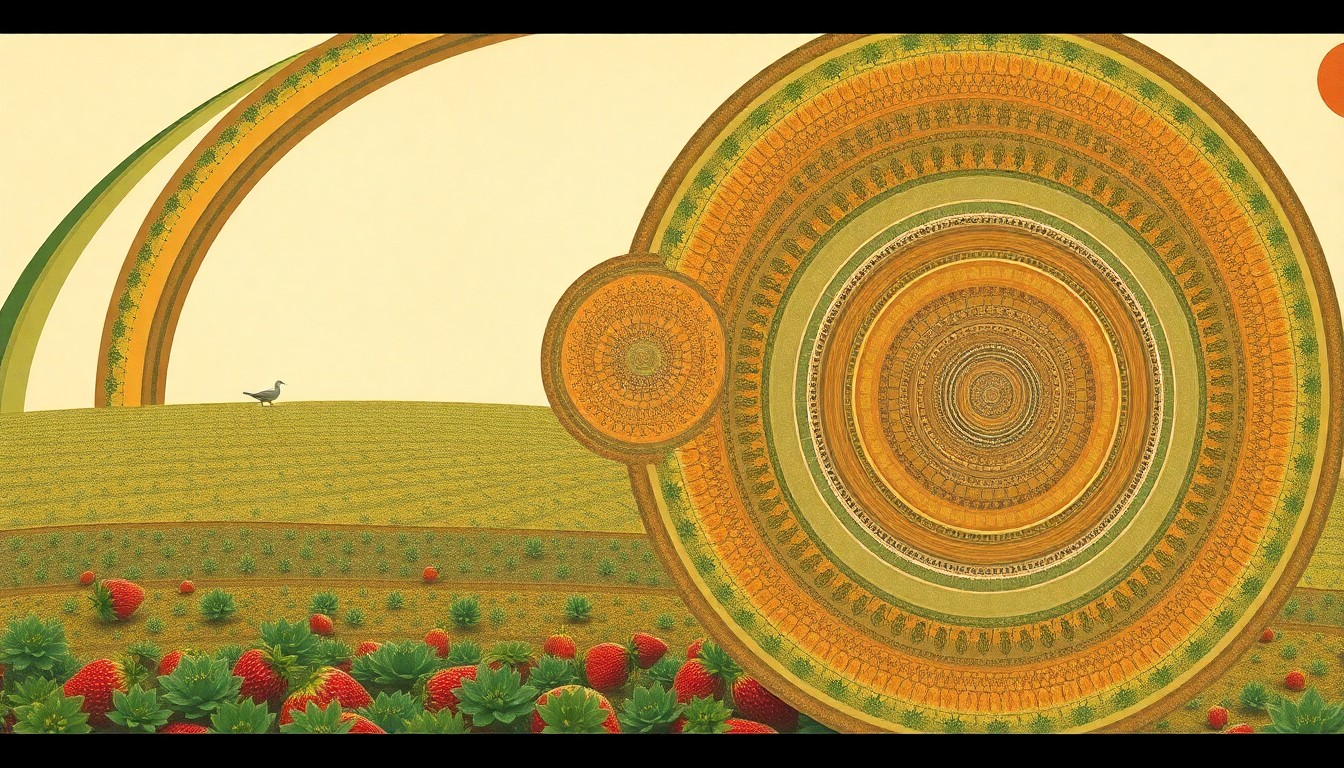 A bold, abstract painting in earthy tones of green, brown, and ochre, featuring sweeping geometric arcs, concentric circular patterns, and precise botanical spirals, conveying the complex natural systems that enable sustainable strawberry production without tilling the soil.