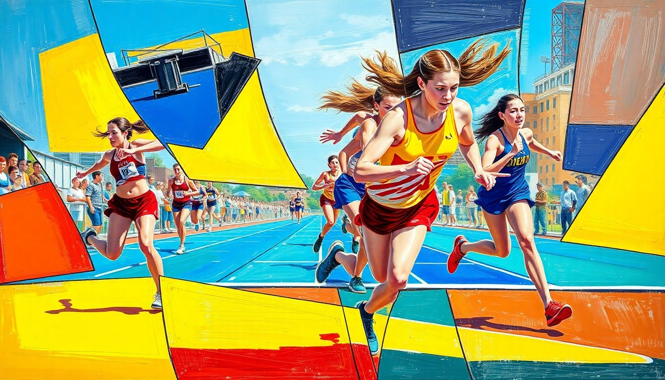 A fractured, geometric painting in bold primary colors depicting the dynamic motion and competition of a girls' track and field event, conveying the raw athleticism and team spirit of the Brownwood Lady Lions' dominant victory.