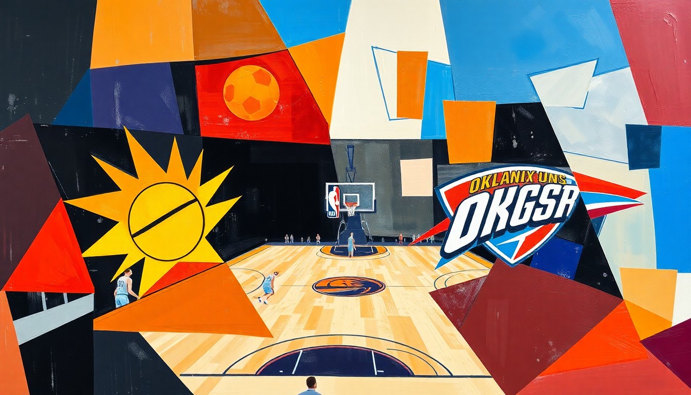 A cubist, geometric painting depicting a basketball game between the Phoenix Suns and Oklahoma City Thunder, with the players and court broken down into sharp, overlapping shapes and planes of color.