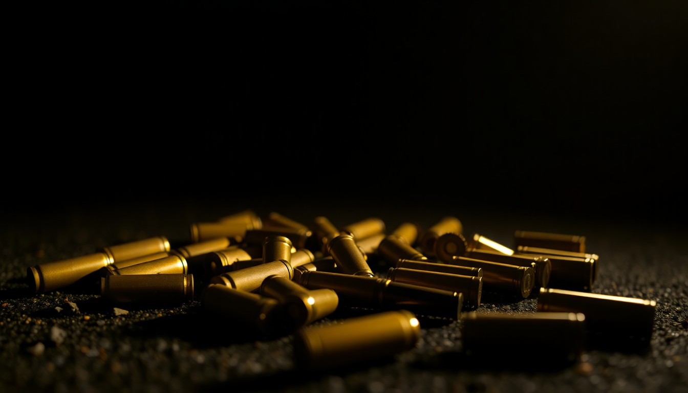 An extreme close-up photograph of multiple spent shell casings scattered on a dark pavement, creating a stark, gritty, investigative aesthetic that conceptually represents the aftermath of a mass shooting incident.