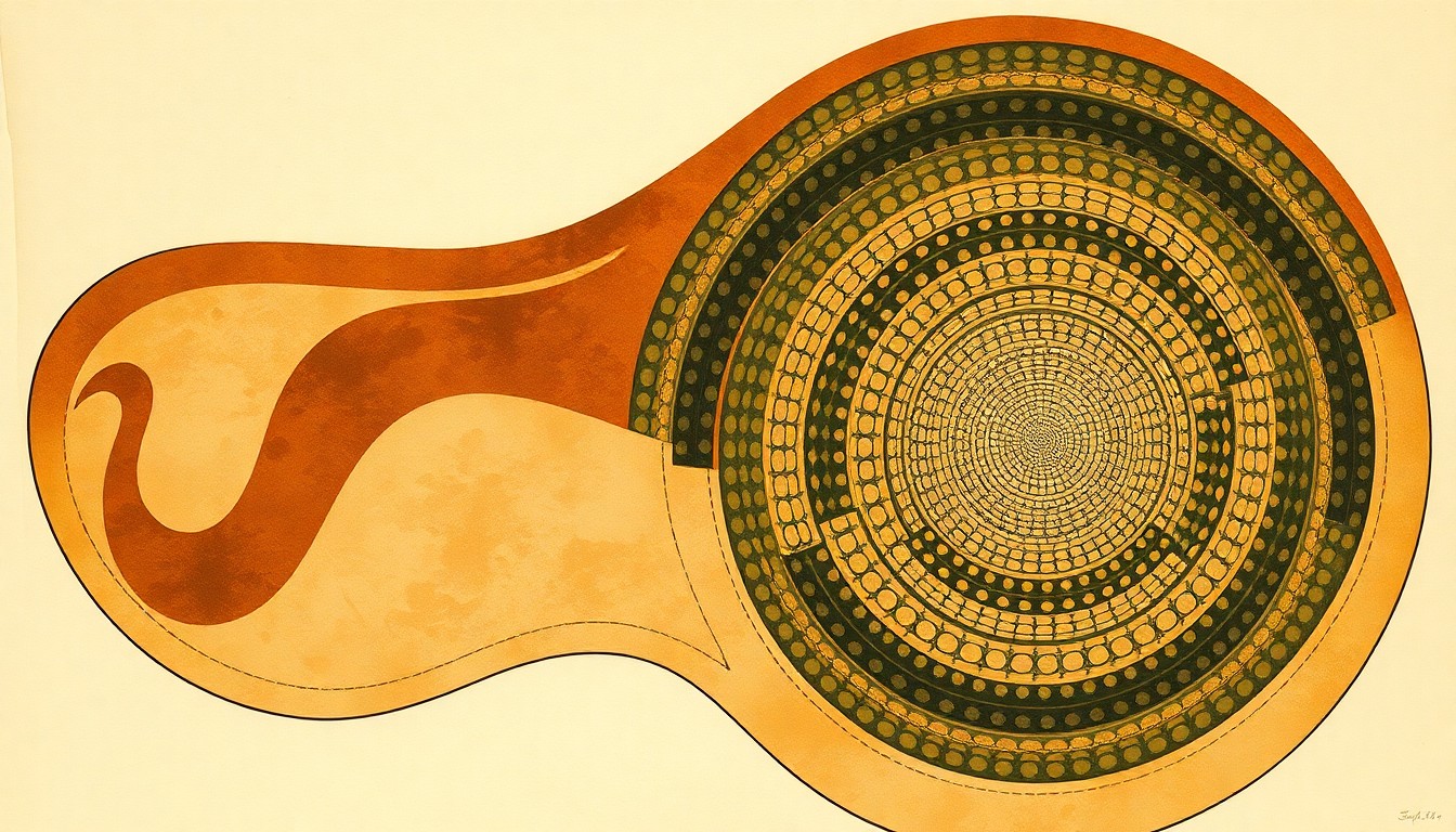 A highly structured abstract painting in soft, earthy tones, featuring sweeping geometric arcs, concentric circles, and precise botanical spirals, conceptually representing the complex scientific principles and natural cycles underlying sustainable agriculture.