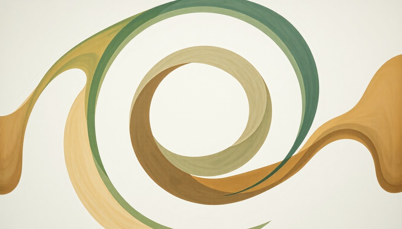 A bold, abstract painting in soft earth tones depicting the intricate cycles and flows of carbon through the natural world, rendered in the style of artist Hilma af Klint's scientific diagrams.