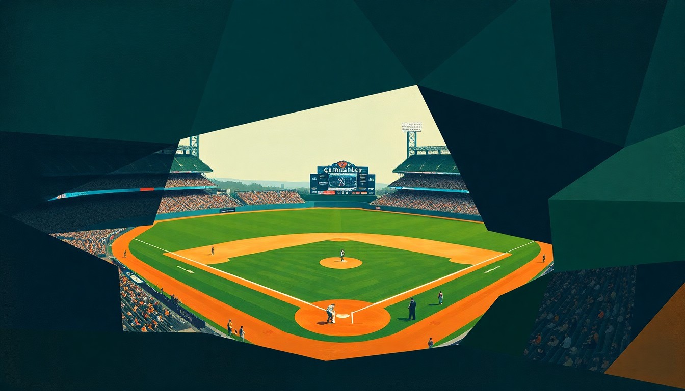 A fragmented, geometric painting depicting a baseball game, with sharp planes of color and form representing the complex, unseen dynamics within the Mets' clubhouse.