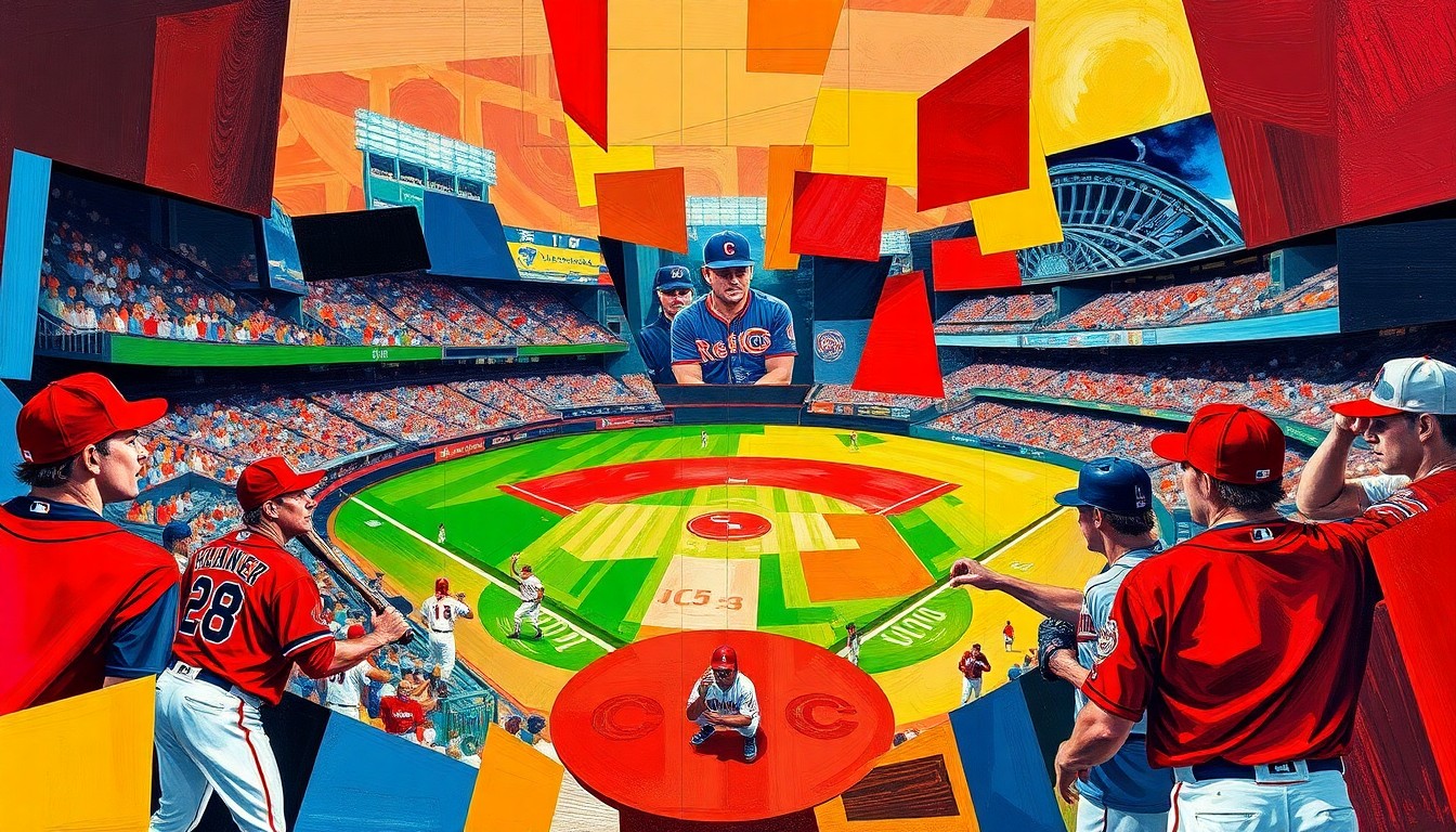 A fragmented, geometric painting depicting a baseball game, with sharp planes of color representing the players and field in an abstract, Cubist style.