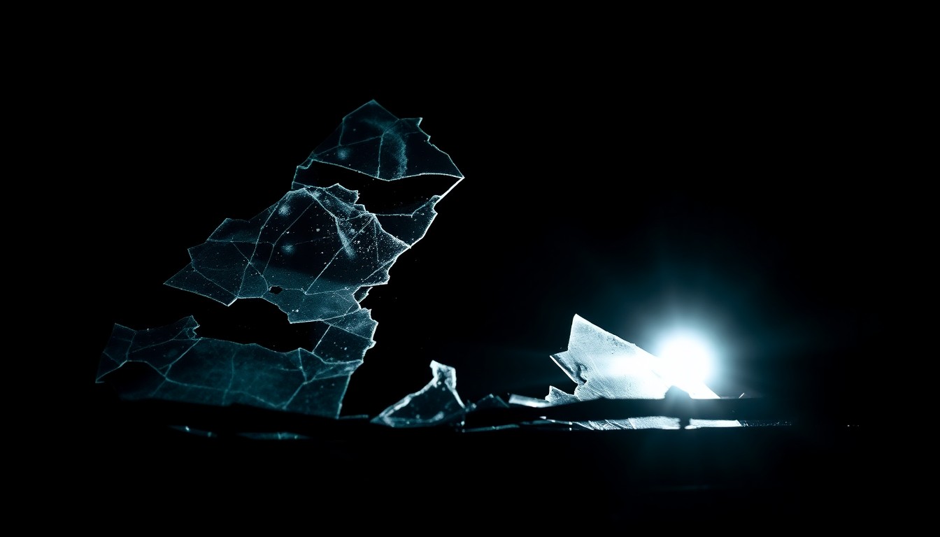 An extreme close-up photograph of shattered glass and twisted metal from a vehicle, captured in harsh, dramatic lighting that conveys the serious, investigative nature of the incident.